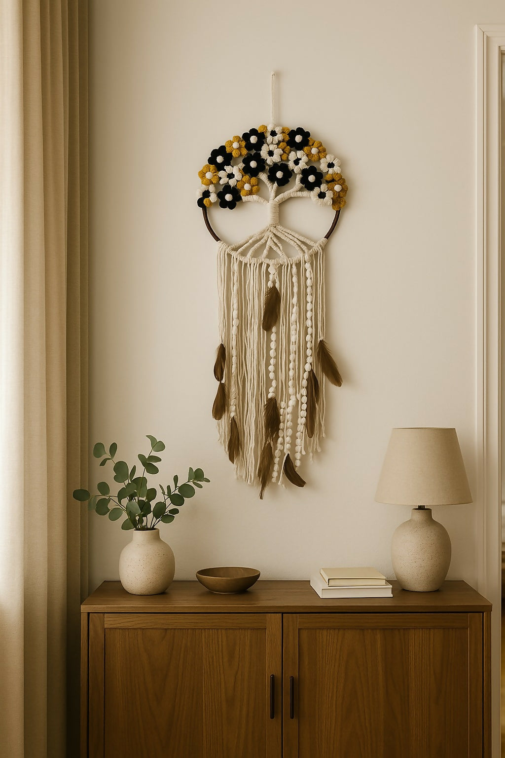 HOME DECOR Handmade Macrame Tree of Life Dreamcatcher Wall Hanging – Cotton Yarn Floral Boho Decor with Feathers and Tassels for Living Room, Bedroom, Balcony & Gifting
