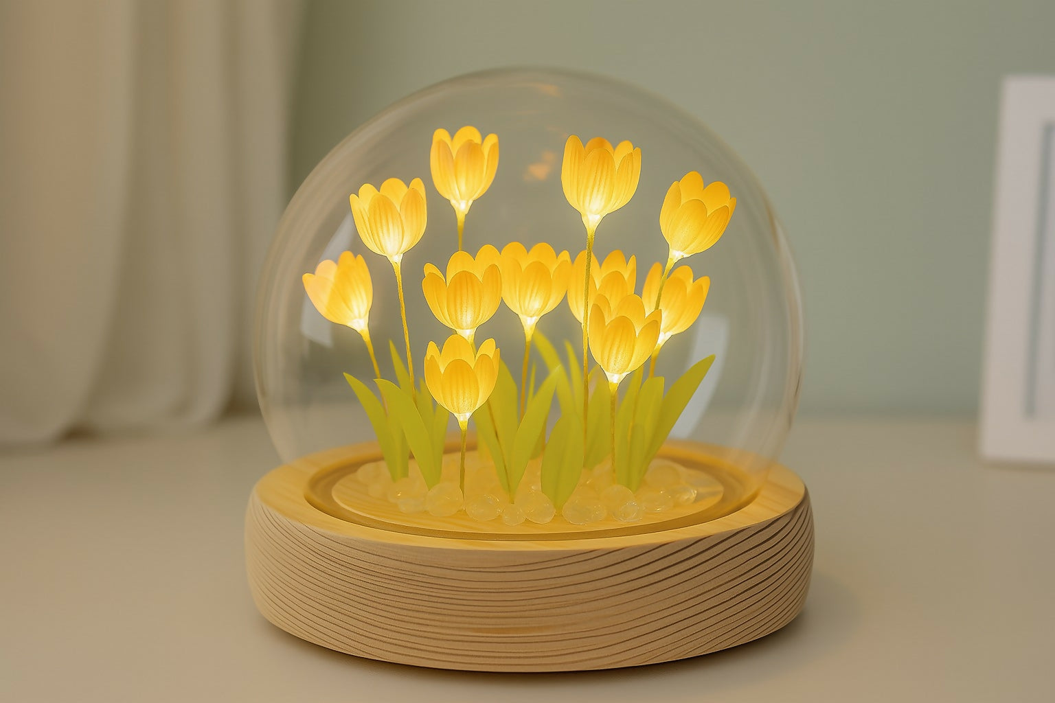 LED Yellow Tulip Flower Light Dome with Wooden Base – Warm White Night Lamp with Glass Cover for Home, Office, or Gifting – Decorative Ambient Floral Light for Bedroom & Living Room