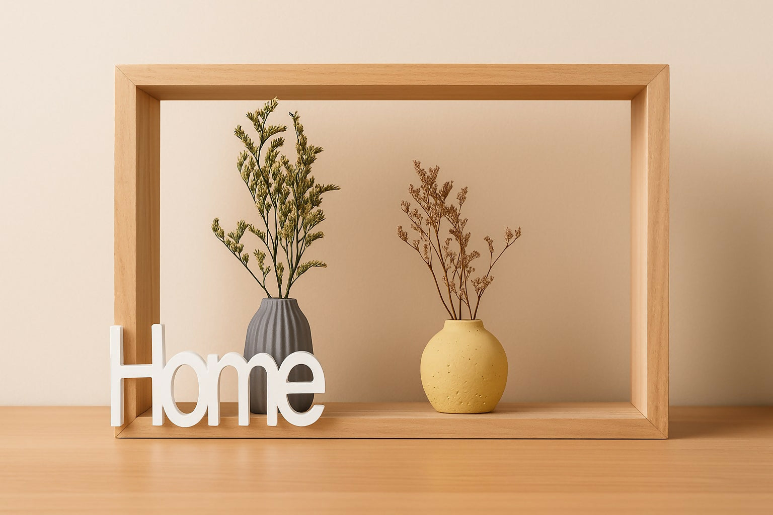 Rustic Wooden Frame Wall Shelf with Decorative Mini Vases and “Home” Sign – Vintage Style Tabletop & Wall Hanging Décor for Living Room, Bedroom, and Office