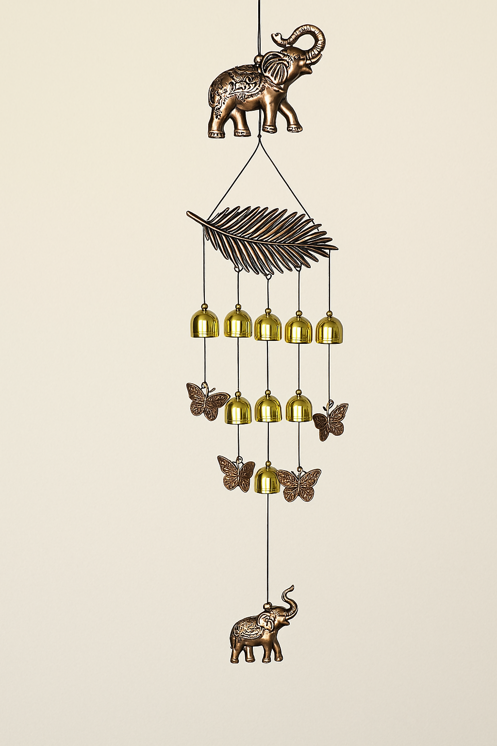 Handcrafted Metal Wind Chime with Decorative Elephant, Butterfly & Leaf Motifs – Brass Finish Hanging Bell Chimes for Balcony, Patio, Garden, or Home Décor – Feng Shui Good Luck and Positive Energy Charm