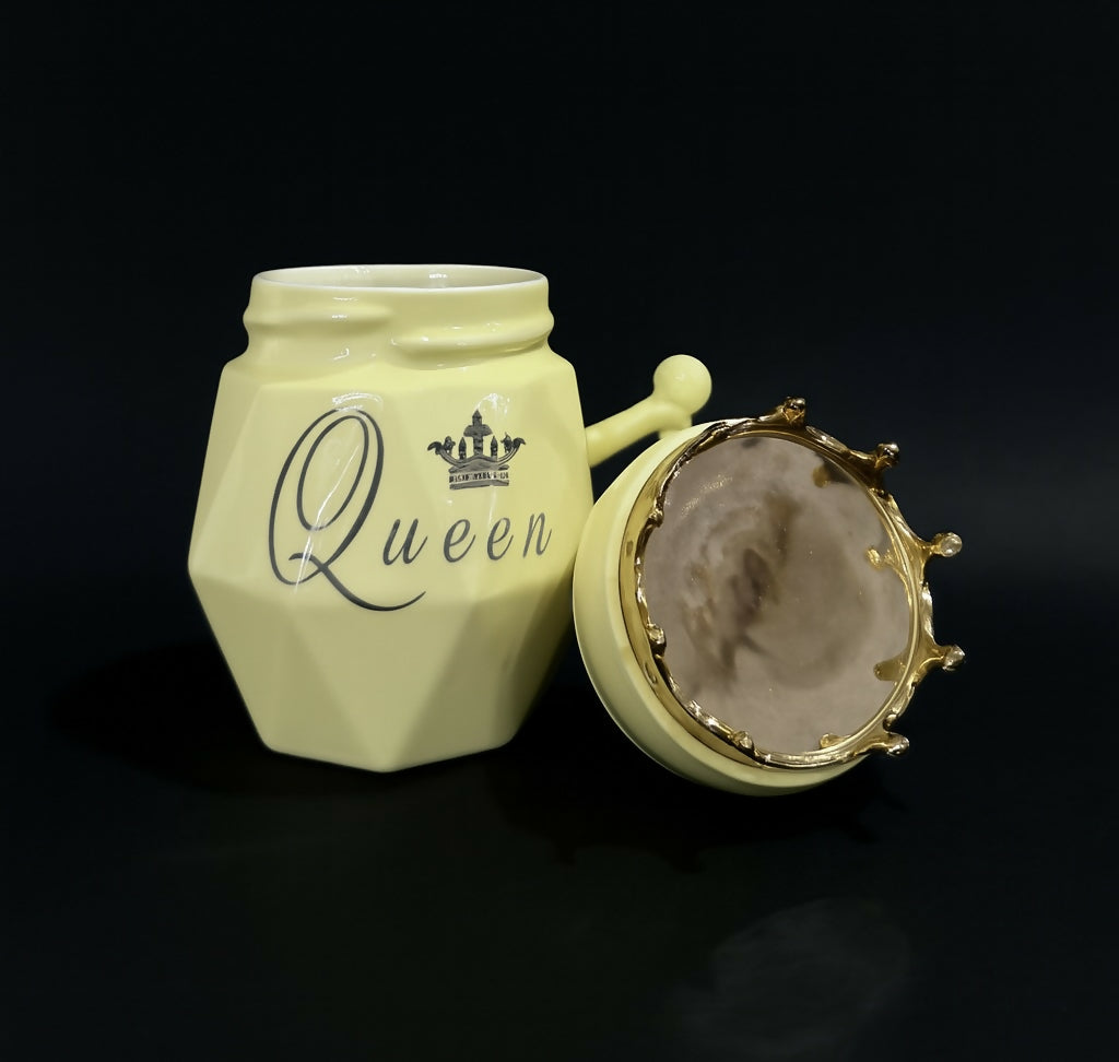 Light Yellow Queen Ceramic Mug with Golden Crown Lid and Royal Handle – Diamond Cut Design Tea & Coffee Cup for Women, Wife, Mom – Elegant Gift Mug for Her