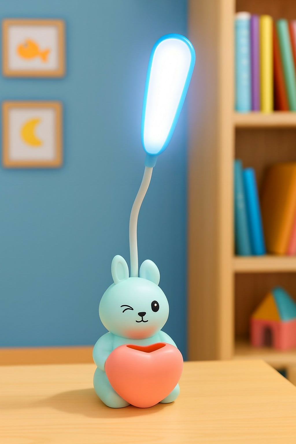 Blue Bunny LED Desk Lamp with Heart Pen Holder – USB Rechargeable Flexible Gooseneck Eye Protection Study Light for Kids, Cute Night Lamp for Bedroom, Study Table & Gift