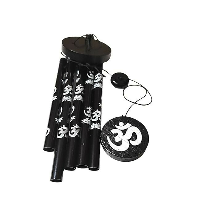 Decorative Om Symbol Wind Chime for Home and Garden – Metallic Pipes with Black Wooden Accents – Soothing Sound Feng Shui Wind Bell for Positive Vibes and Meditation Spaces