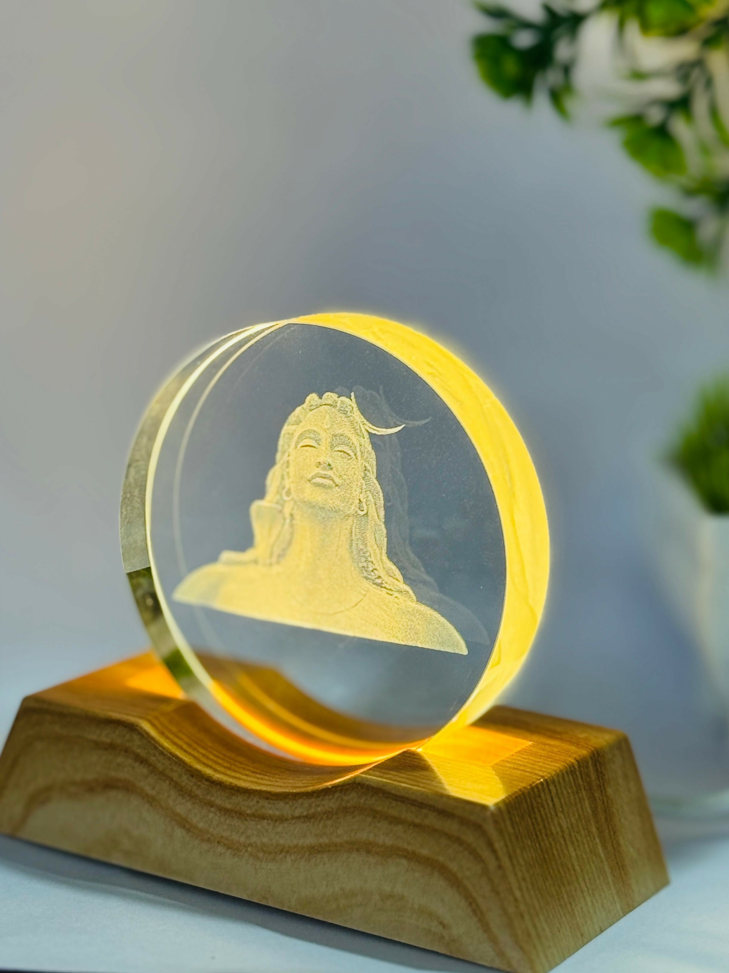 Adiyogi Shiva 3D LED Night Lamp with Wooden Base | Laser Engraved Acrylic Panel Light of Lord Shiva | Ambient Glow Spiritual Lamp for Meditation, Home Temple & Gifting | Mahadev Mood Light Decor