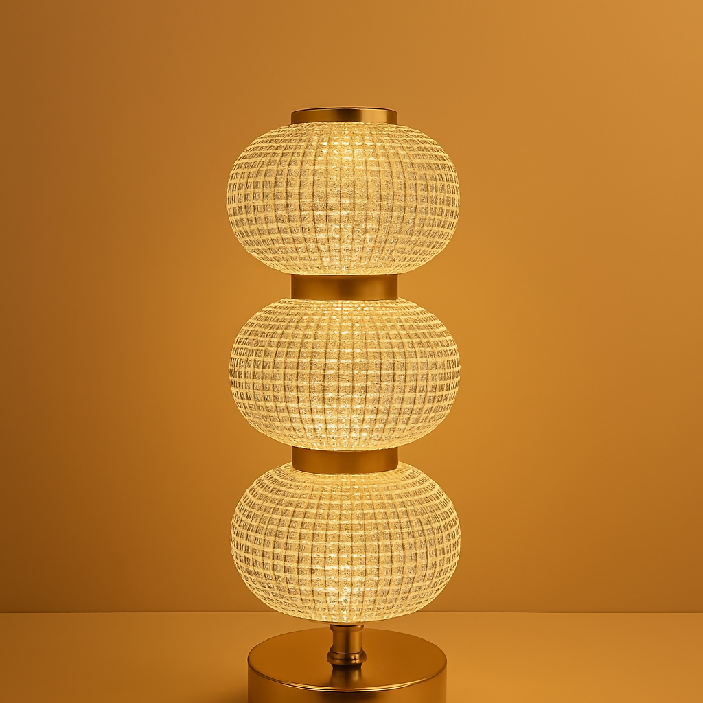 HOME DECOR Luxury Triple Globe Glass Table Lamp with Golden Base | Modern Crystal Grid Design Night Lamp for Living Room, Bedroom, or Office | Ambient Bedside Light Decor