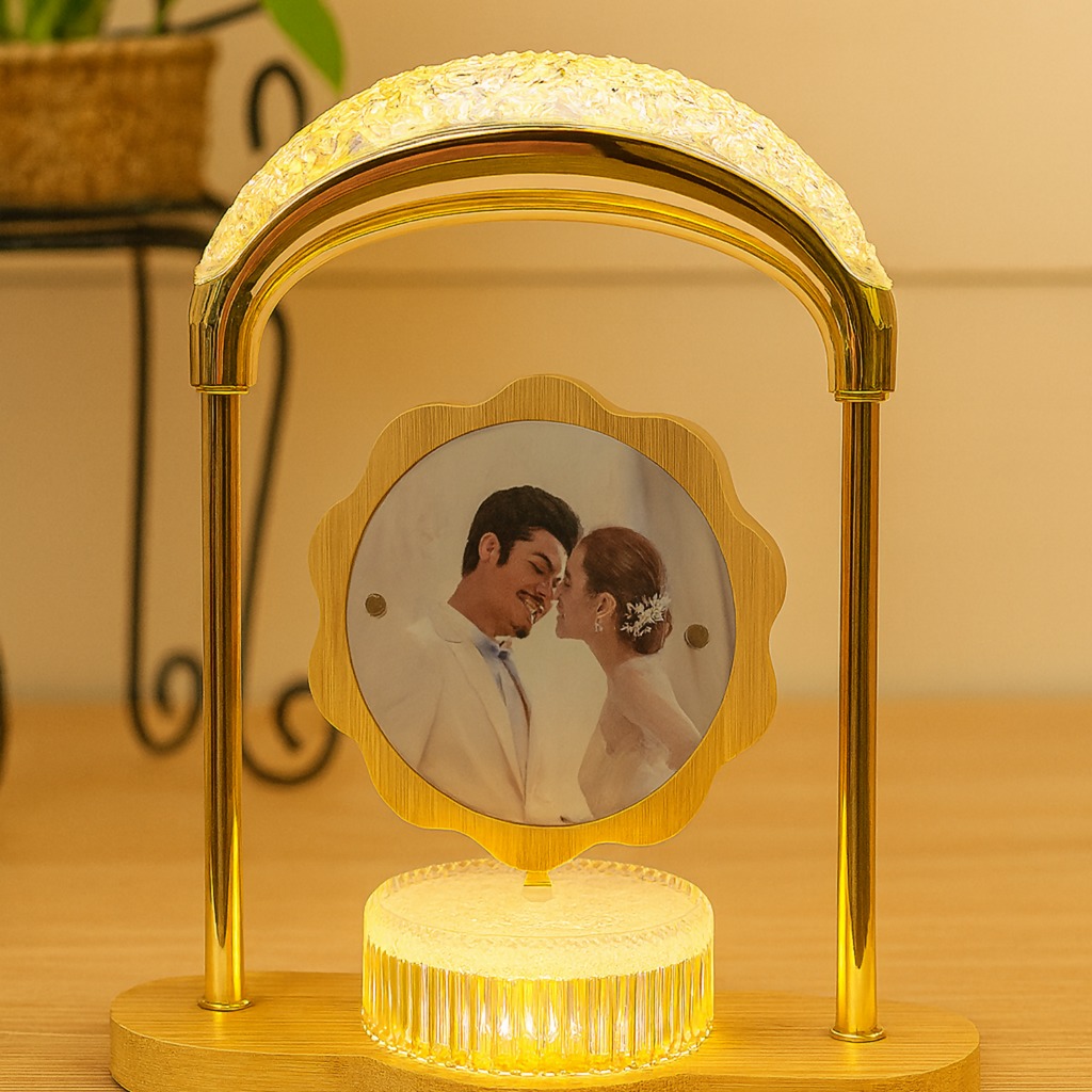 Golden Crystal LED Table Lamp with Rotating Photo Frame | Decorative Heart Shape Lamp with Flower Print & Wooden Base | Modern Home Decor Night Light for Bedroom, Living Room & Gifting