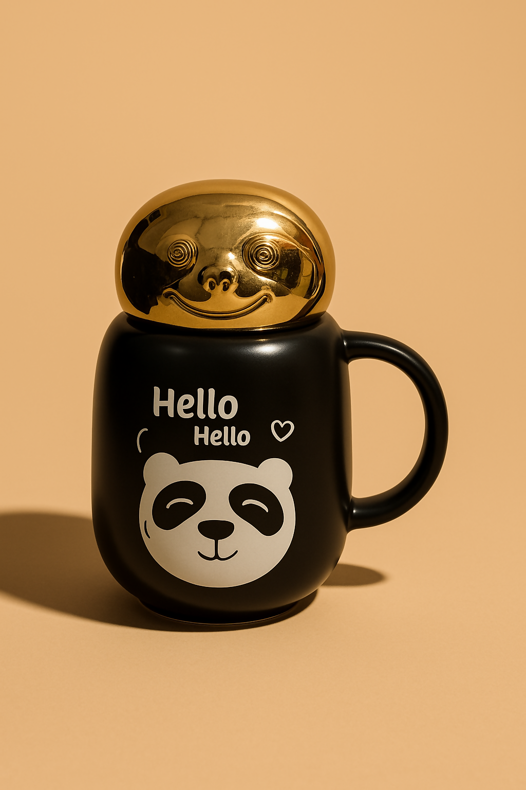 Hello Panda Black Ceramic Coffee Mug with Golden Smiley Lid