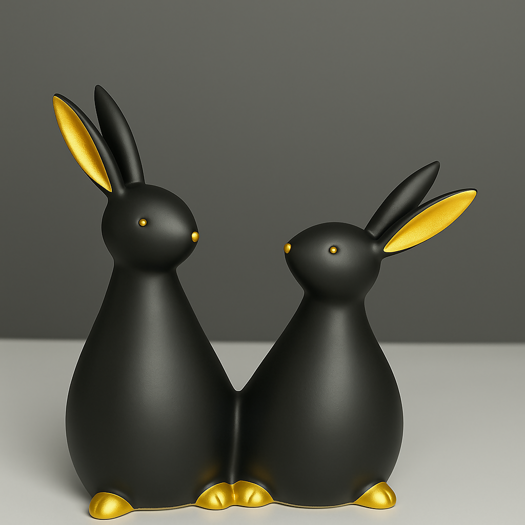 HOME DECOR Black & Gold Resin Bunny Couple Showpiece  – Cute Minimalist Animal Sculpture