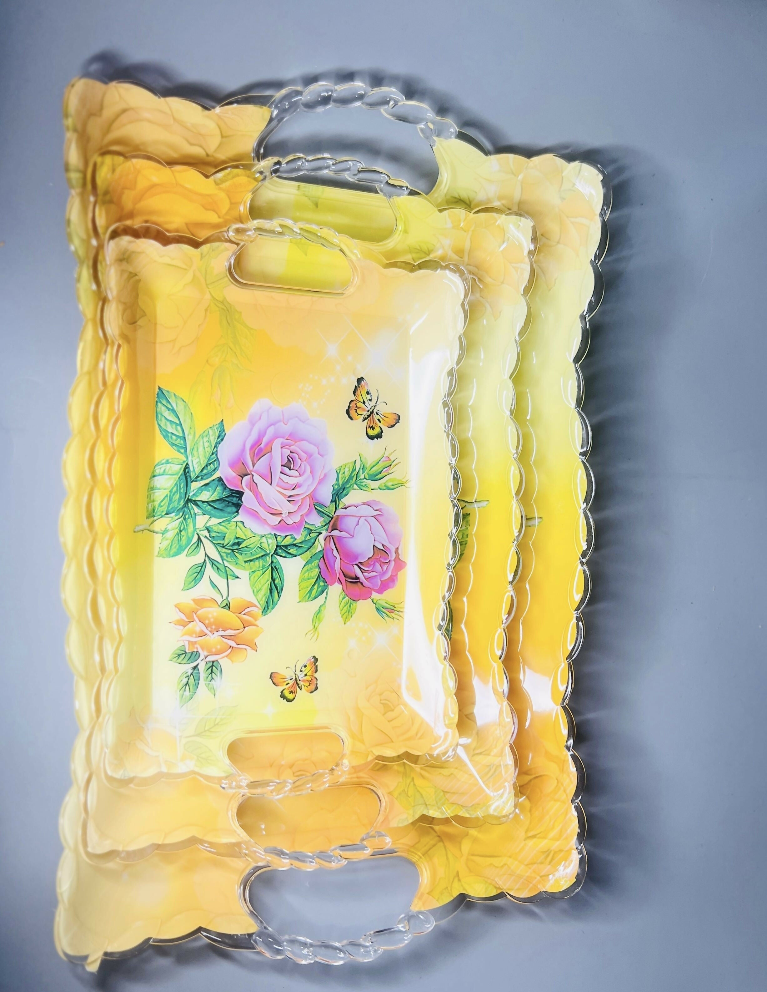 Floral Design Multipurpose Plastic Serving Tray Set – Pack of 3 (Yellow with Roses)