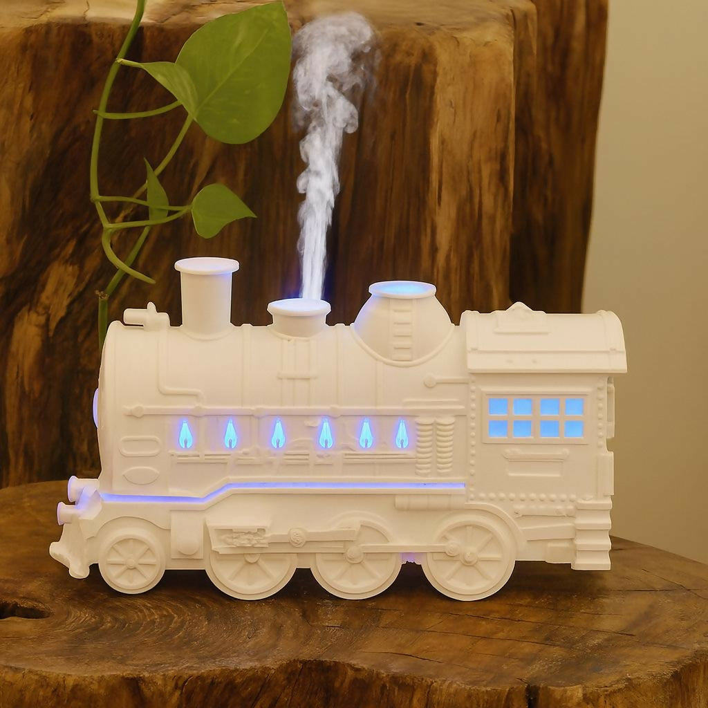 White Steam Train Shape Flame Aroma Diffuser with LED Light & Humidifier – Essential Oil Diffuser with Mist, Light & Timer Controls, Wide-Open Water Tank, Retro Locomotive Design for Home & Office Décor