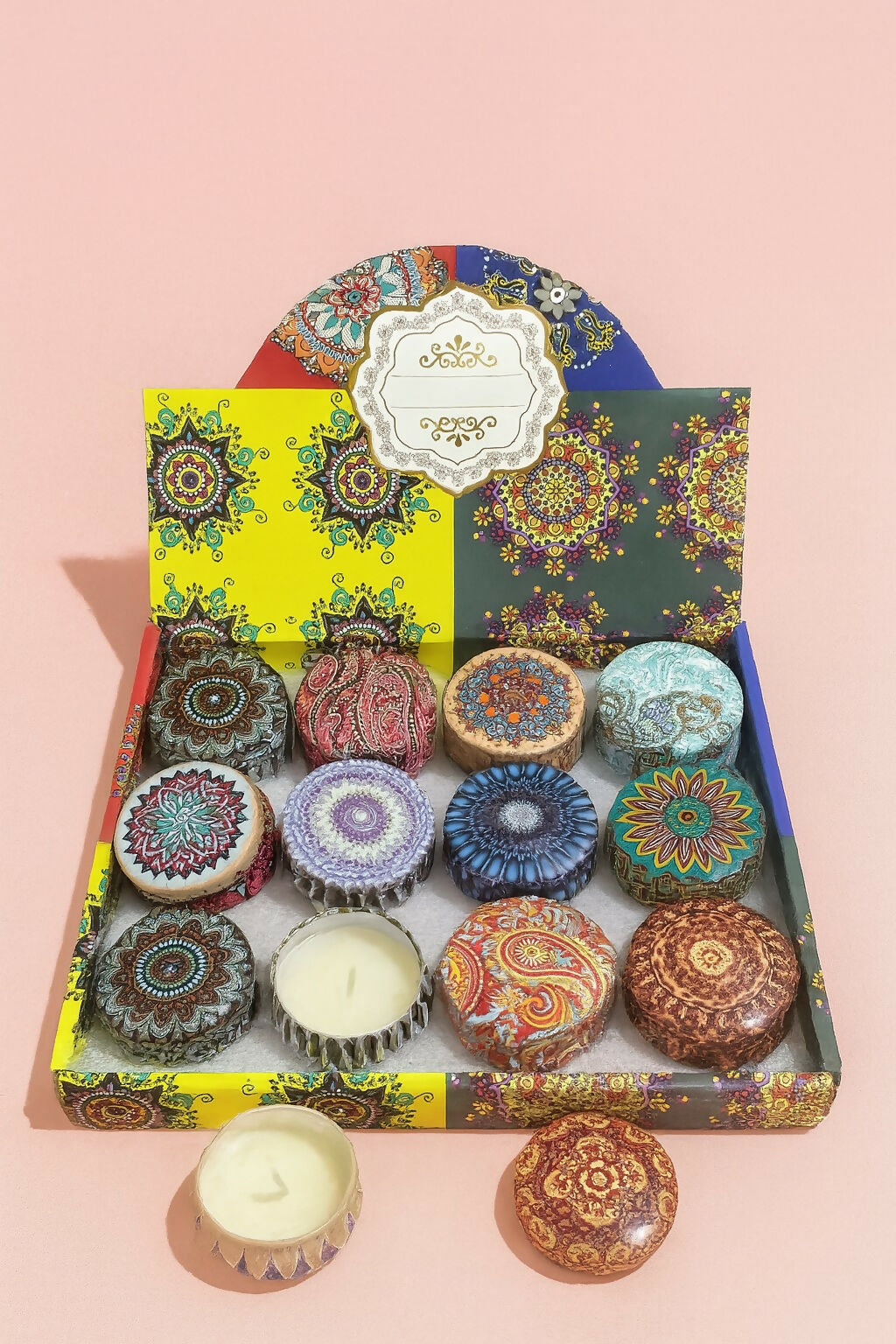 Set of 12 Scented Tin Candles with Decorative Mandala Design – Portable Travel Aromatherapy Candle Gift Set – Reusable Metal Containers for Gifting, Diwali, Weddings & Festive Décor