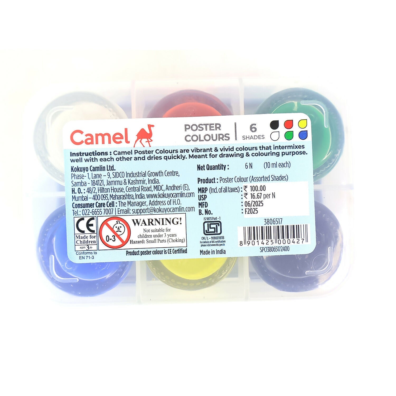 Camel Poster Colours 6 Assorted Shades with Free Palette (10 ml Each)