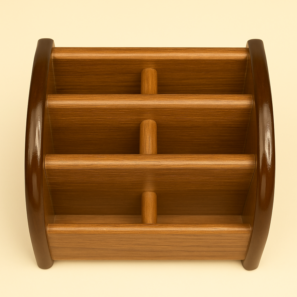 Classic Wooden Desk Organizer with Multiple Compartments – Elegant Brown Finish Stationery Holder for Office, Study, and Home Use – Ideal for Pens, Notepads, and Remote Controls – Durable MDF with Premium Wood Grain Texture