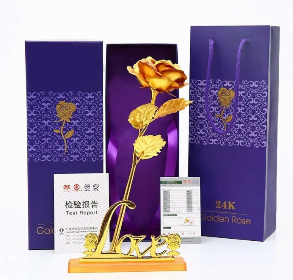 Luxury Golden Metal Rose with “Love” Stand – Elegant Decorative Flower Figurine for Romantic Gifts, Anniversary, Valentine’s Day, Home Decor, and Table Centerpiece – Gold Plated Artificial Rose Showpiece