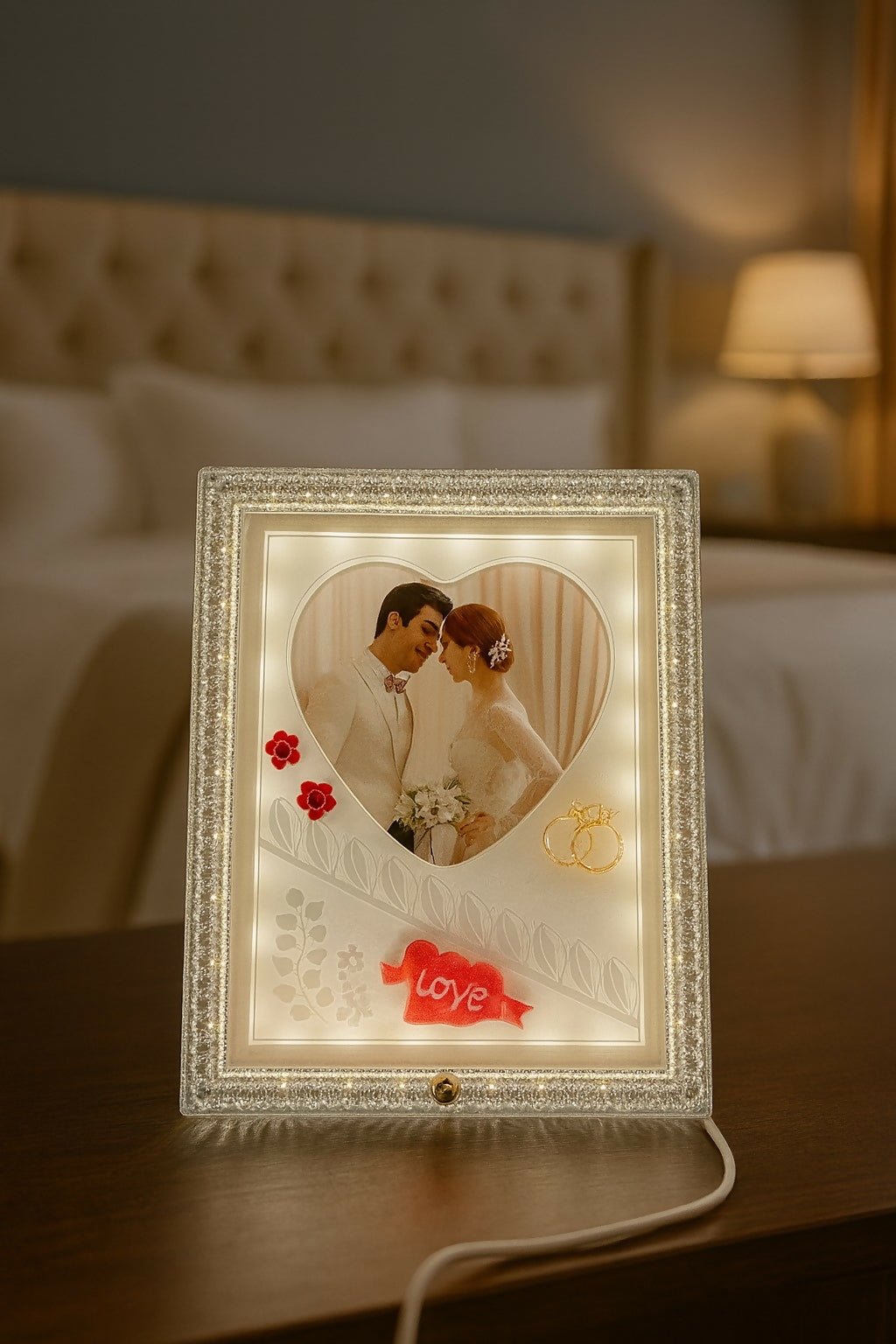 Small Size LED Photo Frame Lamp with Heart Shape & Love Design | Romantic Couple Night Light with Customized Picture | Wedding Anniversary Valentine Gift Decorative Table Lamp