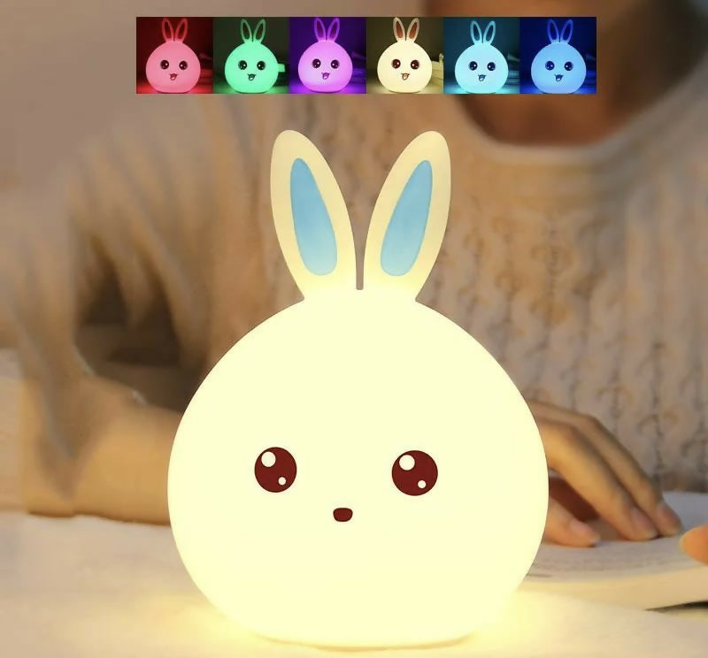 Multicolor Silicone LED Bunny Night Lamp for Kids – Soft Touch Sensor Cute Rabbit Lamp for Bedroom, Nursery, and Gifting – Rechargeable Bedside Light with 7 Color Changing Modes
