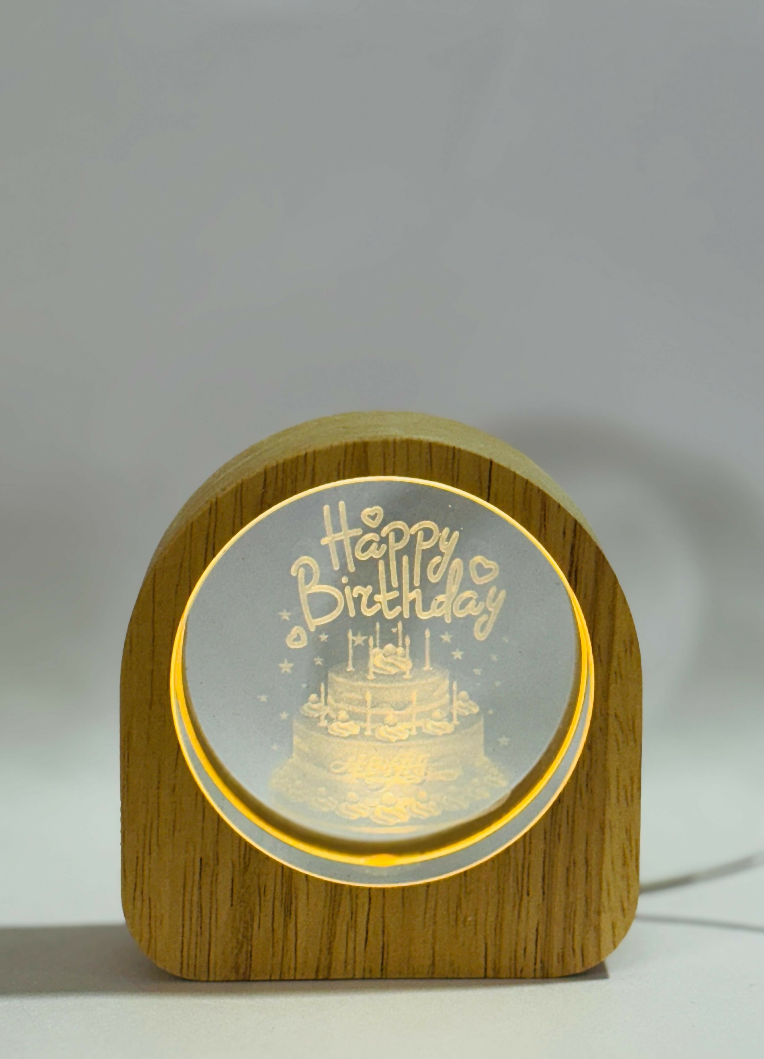 Happy Birthday Theme 3D Crystal Glass LED Night Lamp with Wooden Frame – USB Powered Warm Glow Table Light | Unique Birthday Gift for Friends, Family, Kids & Romantic Celebration Decor