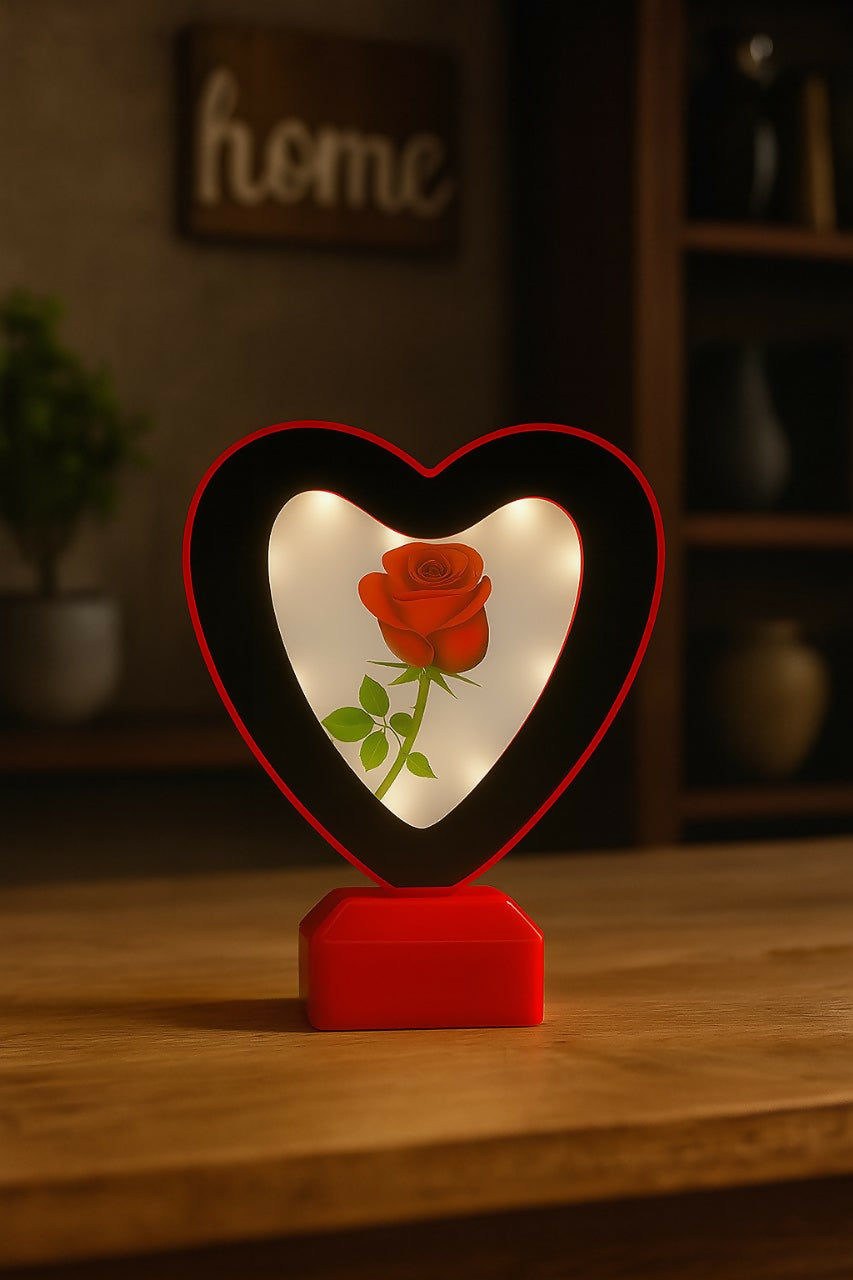 Romantic Heart-Shaped LED Table Lamp with Red Rose Design – USB Rechargeable Night Light for Bedroom, Gift for Valentine’s Day, Anniversary & Home Decor