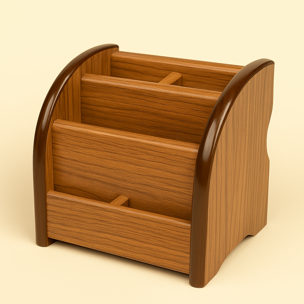 Classic Wooden Desk Organizer with Multiple Compartments – Elegant Brown Finish Stationery Holder for Office, Study, and Home Use – Ideal for Pens, Notepads, and Remote Controls – Durable MDF with Premium Wood Grain Texture