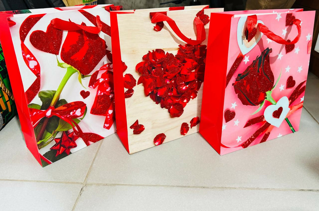 Romantic Rose & Heart-Themed Premium Gift Bags Set – Pack of 3 Medium Size Valentine’s Day and Anniversary Gift Bags with Red Ribbon Handles – Love Theme Party Favor Bags for Him & Her
