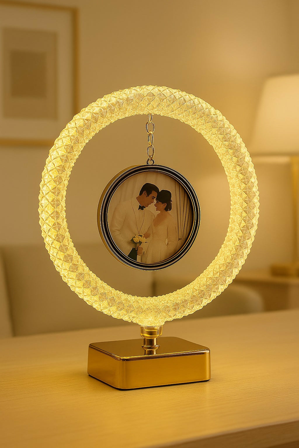 Crystal Cut LED Circular Hanging Photo Frame with Warm Light – Luxurious Golden Tabletop Picture Frame for Couples, Wedding, Anniversary & Romantic Home Decor