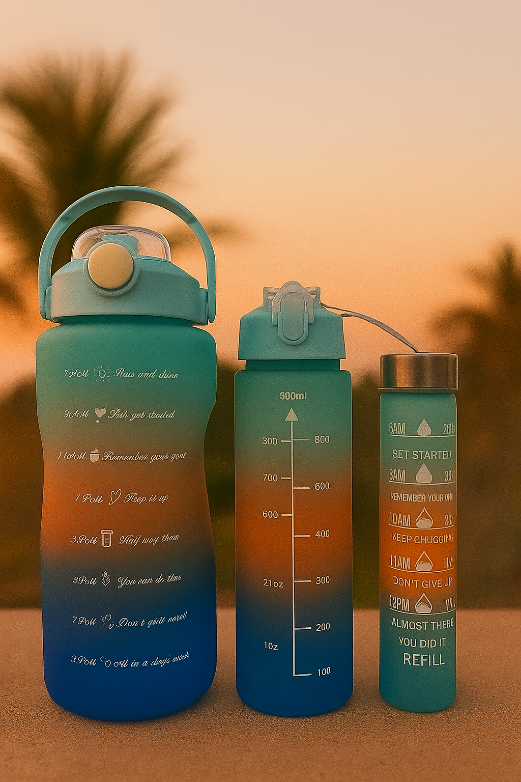 AquaRise Gradient Water Bottle Set – 3-Pack (300ml–1L) with Time Markers & Inspirational Quotes – BPA-Free Hydration Bottles – Sunset Blue Edition