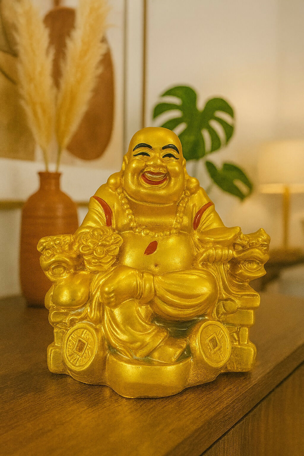 Golden Laughing Buddha Idol Sitting on Wealth Symbols – Resin Feng Shui Statue for Home & Office Decor – Good Luck, Prosperity & Happiness Showpiece