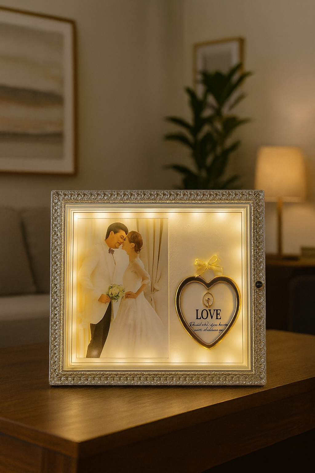 Crystal LED Wedding Photo Frame with Heart Design – 5x7 Inch Light Up Picture Frame with Golden Heart Ornament | Romantic Couple Frame for Wedding, Anniversary, Valentine’s Day & Home Décor Gift