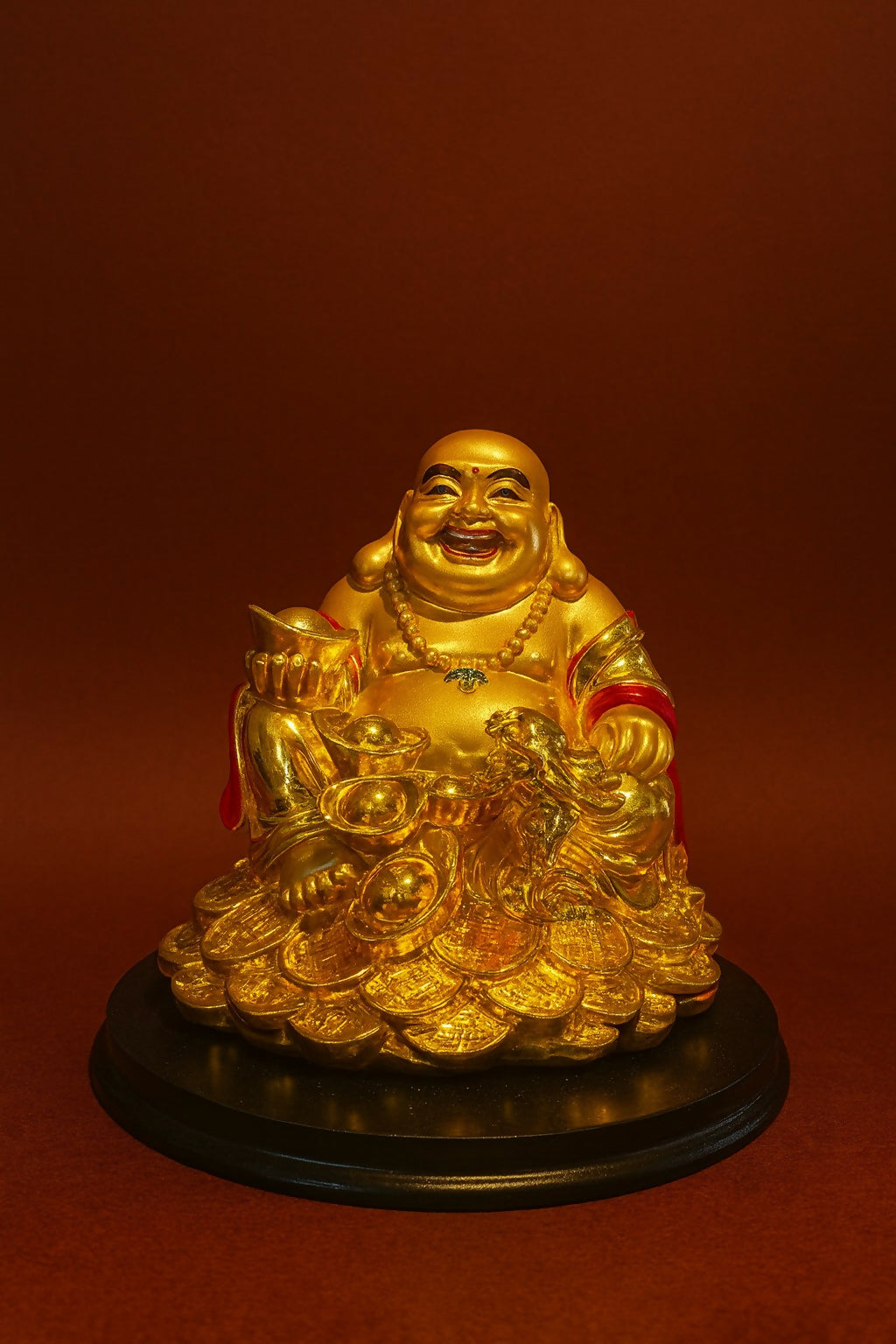 Golden Laughing Buddha Idol Sitting on Gold Coins – Resin Feng Shui Statue for Wealth, Abundance & Positivity – Multicolor Smiling Buddha Showpiece for Home, Office & Shop Entrance Décor