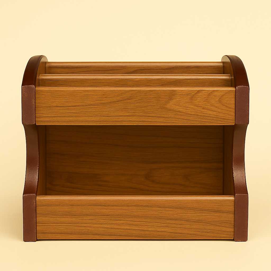 Classic Wooden Desk Organizer with Multiple Compartments – Elegant Brown Finish Stationery Holder for Office, Study, and Home Use – Ideal for Pens, Notepads, and Remote Controls – Durable MDF with Premium Wood Grain Texture