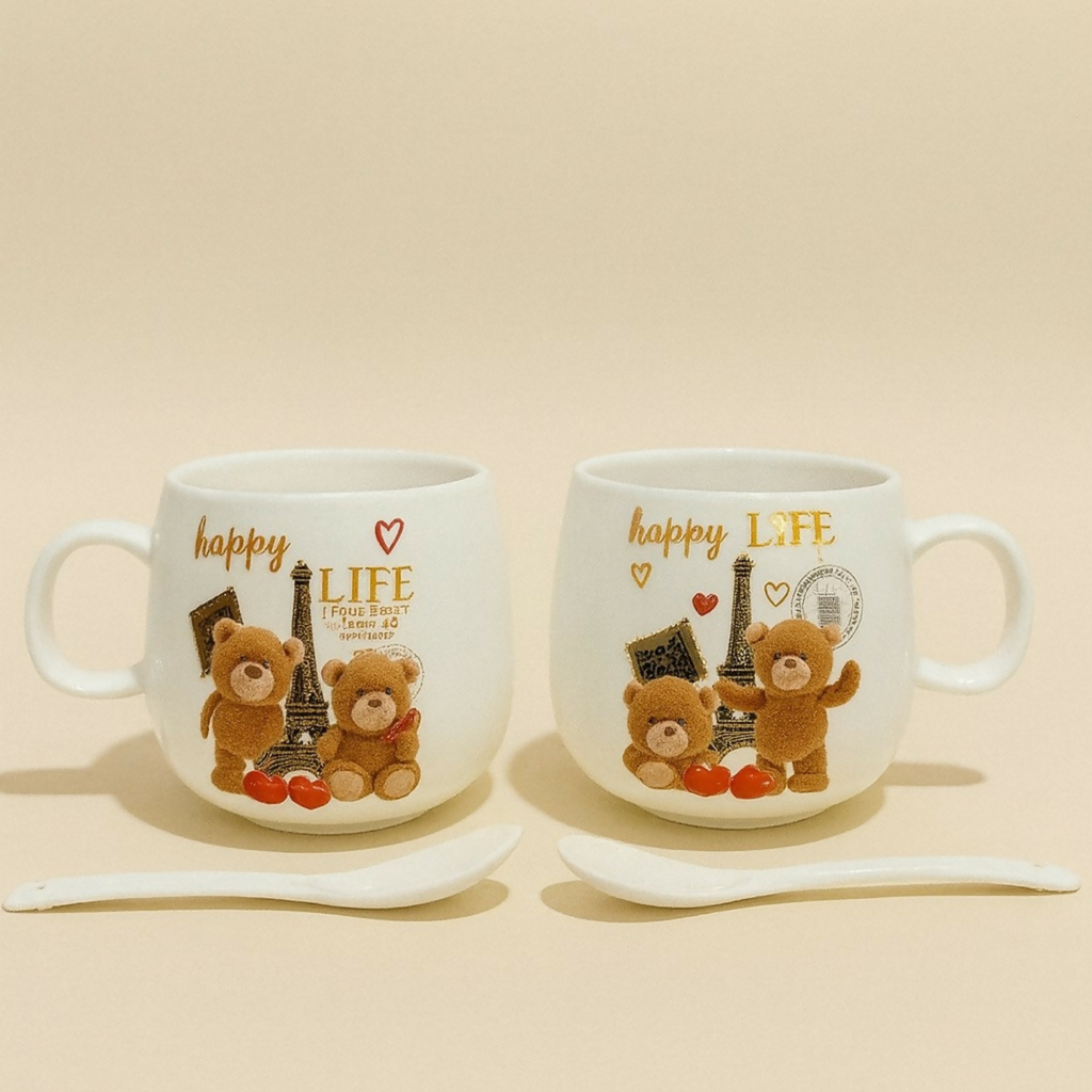 Teddy Bear Couple Ceramic Mug Gift Set with Matching Spoons | Cute Cartoon Coffee & Milk Cups | Romantic Anniversary, Valentine’s Day, Birthday & Wedding Gift for Couples