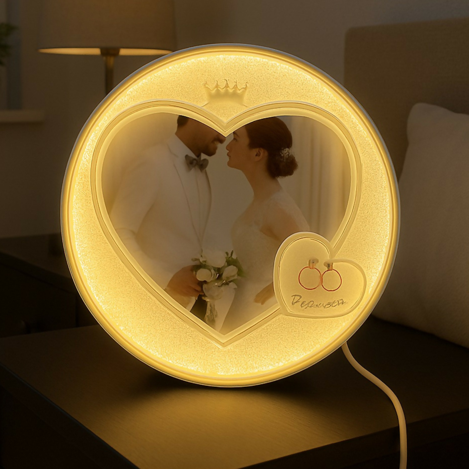 Romantic Heart-Shaped LED Photo Frame with Warm Golden Glow | Personalized Wedding Anniversary Gift for Couples | Decorative Night Light for Bedroom, Living Room & Gifting