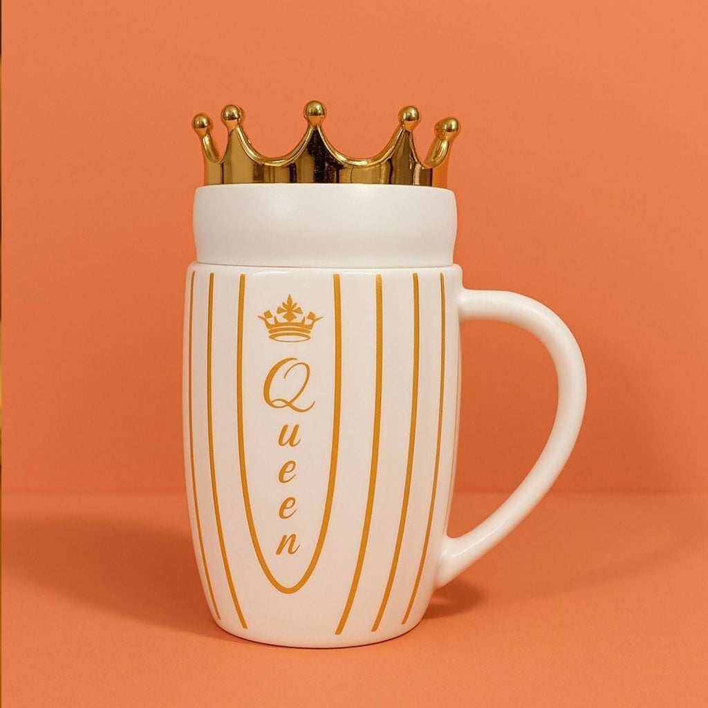 Luxury Queen Crown Ceramic Mug with Golden Lid | Premium Coffee & Tea Cup for Women | Royal Gift for Birthday, Anniversary, Valentine’s Day & Office Use