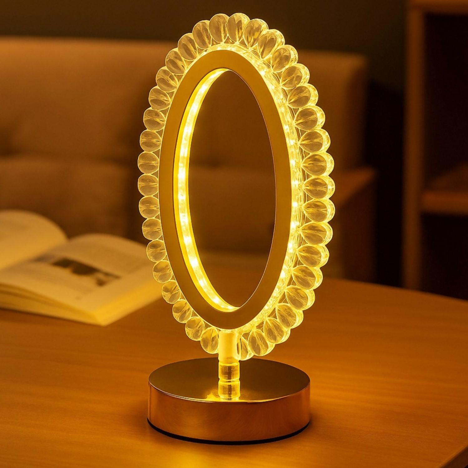 Elegant Crystal Oval LED Lamp with Golden Base | Decorative Oval Shaped Night Light for Bedroom, Living Room, Weddings, Anniversaries, Festivals & Gifting