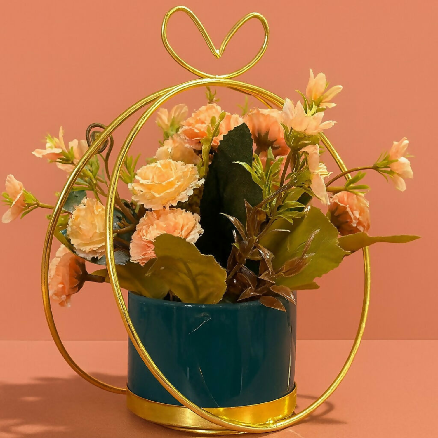 Artificial Flower Pot with Golden Metal Frame & Ceramic Planter | Decorative Faux Rose & Leaf Arrangement for Home, Office, Bedroom & Living Room Table Décor | Elegant Gift for Housewarming & Festivals