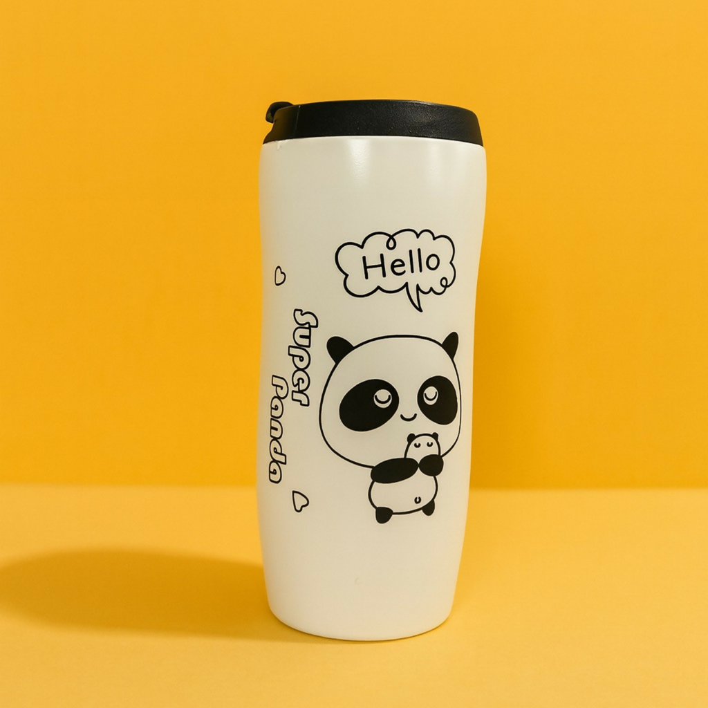 Super Panda Travel Mug with Spill-Proof Lid | Cute Cartoon Panda Coffee Tumbler | Portable Hot & Cold Insulated Cup for Kids, Office, Travel & Gifting