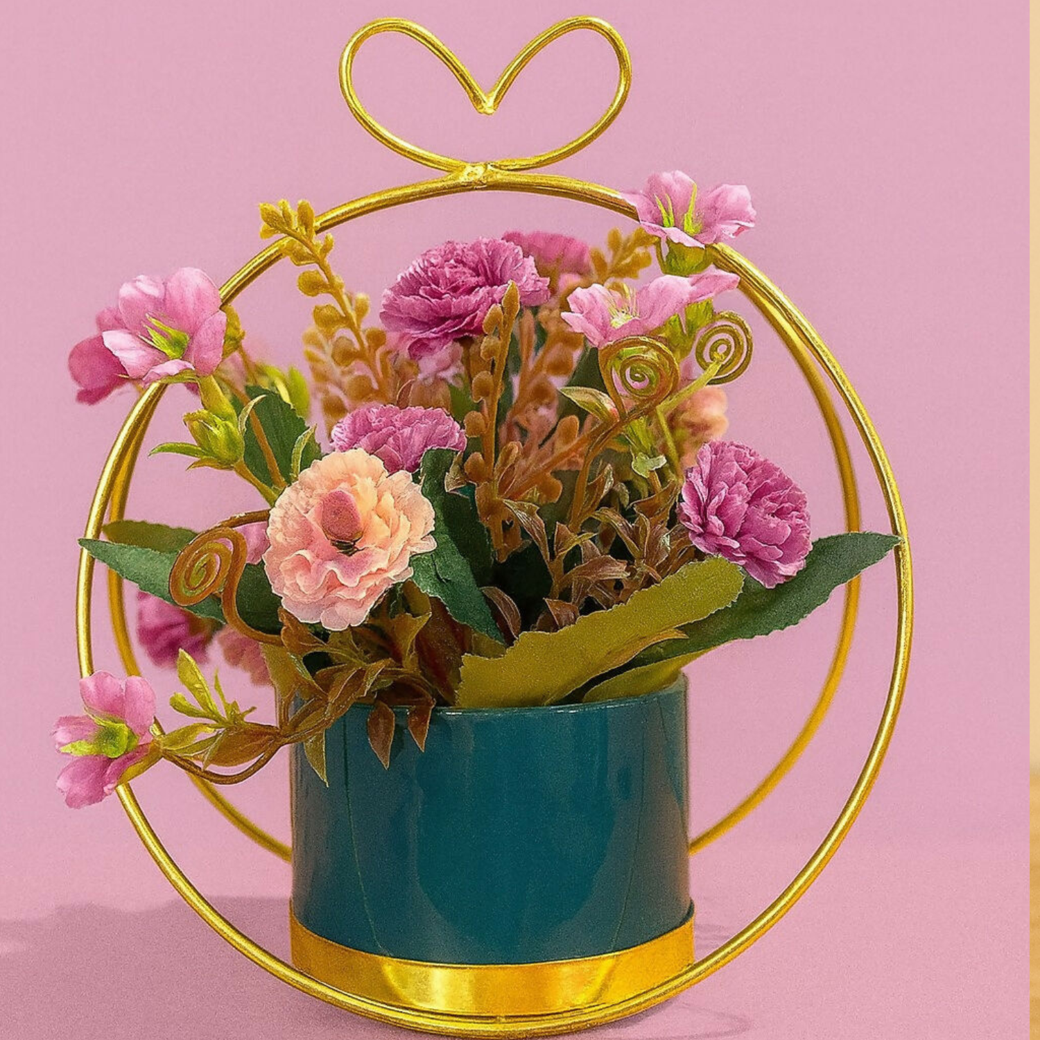 Artificial Flower Pot with Golden Metal Frame & Ceramic Planter | Decorative Pink & Purple Faux Floral Arrangement for Home, Office, Bedroom & Living Room Décor | Elegant Gift for Housewarming, Anniversary & Festivals