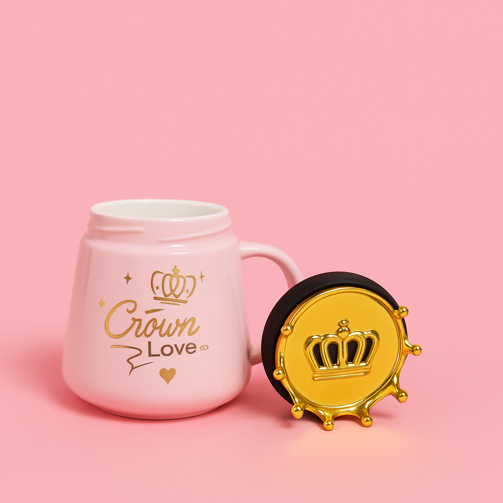 Pink Ceramic “Crown Love” Mug with 3D Golden Crown Lid – Stylish Coffee Cup for Girls, Women, Teens – Romantic Gift Mug with Heart and Crown Print – Cute Tea Cup