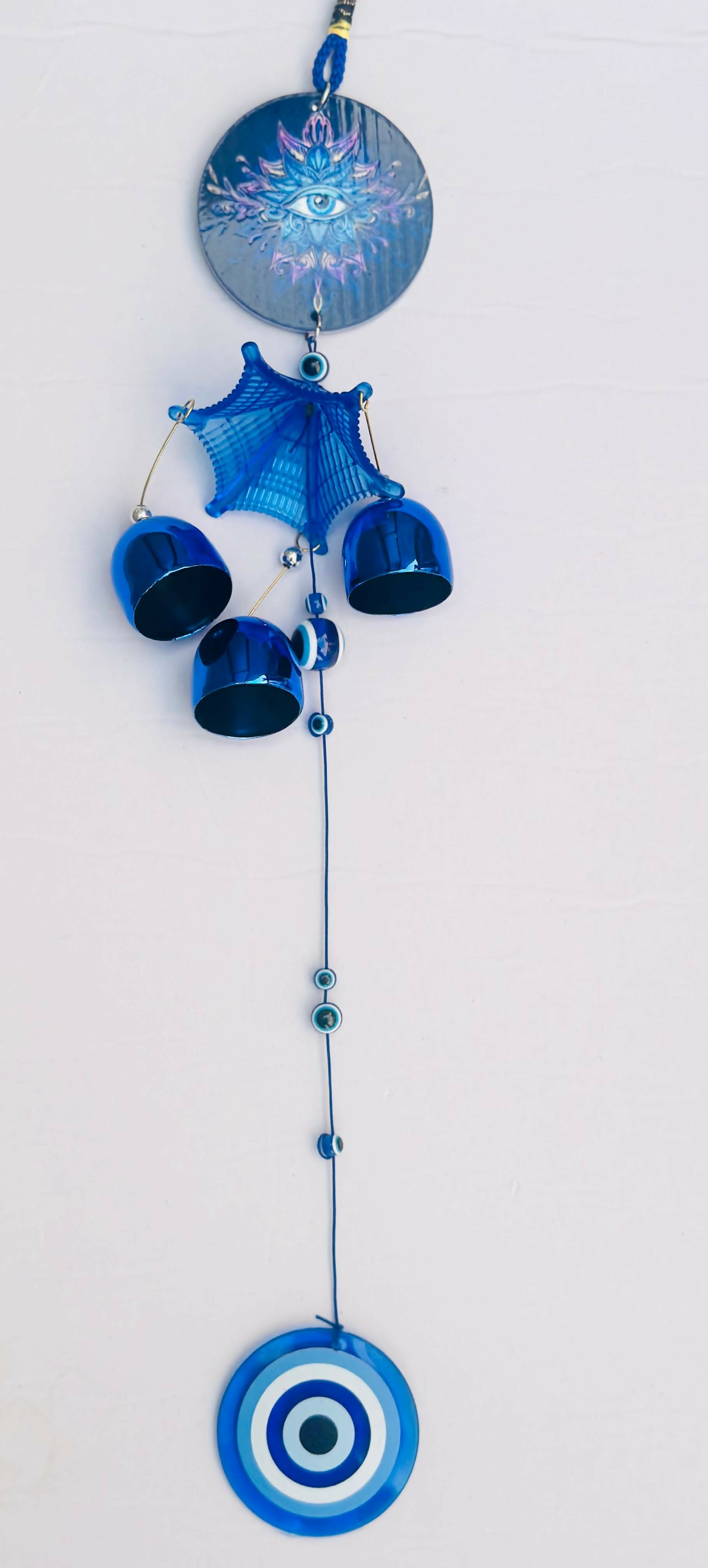Mystical Evil Eye Wind Chime Hanging – Blue Metal Bells with Nazar Beads, All-Seeing Eye Disc & Tassel – Protective Boho Wall Decor for Home, Balcony, or Car Rearview Mirror