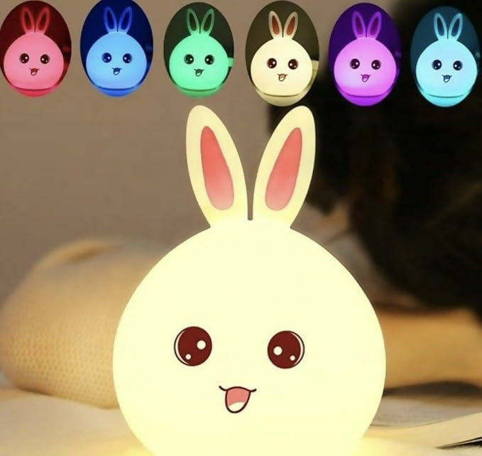 Cute Bunny LED Night Lamp for Kids – Rechargeable Silicone Rabbit Bedside Lamp with Touch Sensor and 7 Color Changing Light Modes – Soft Ambient Night Light for Bedroom, Baby Room, and Gifting