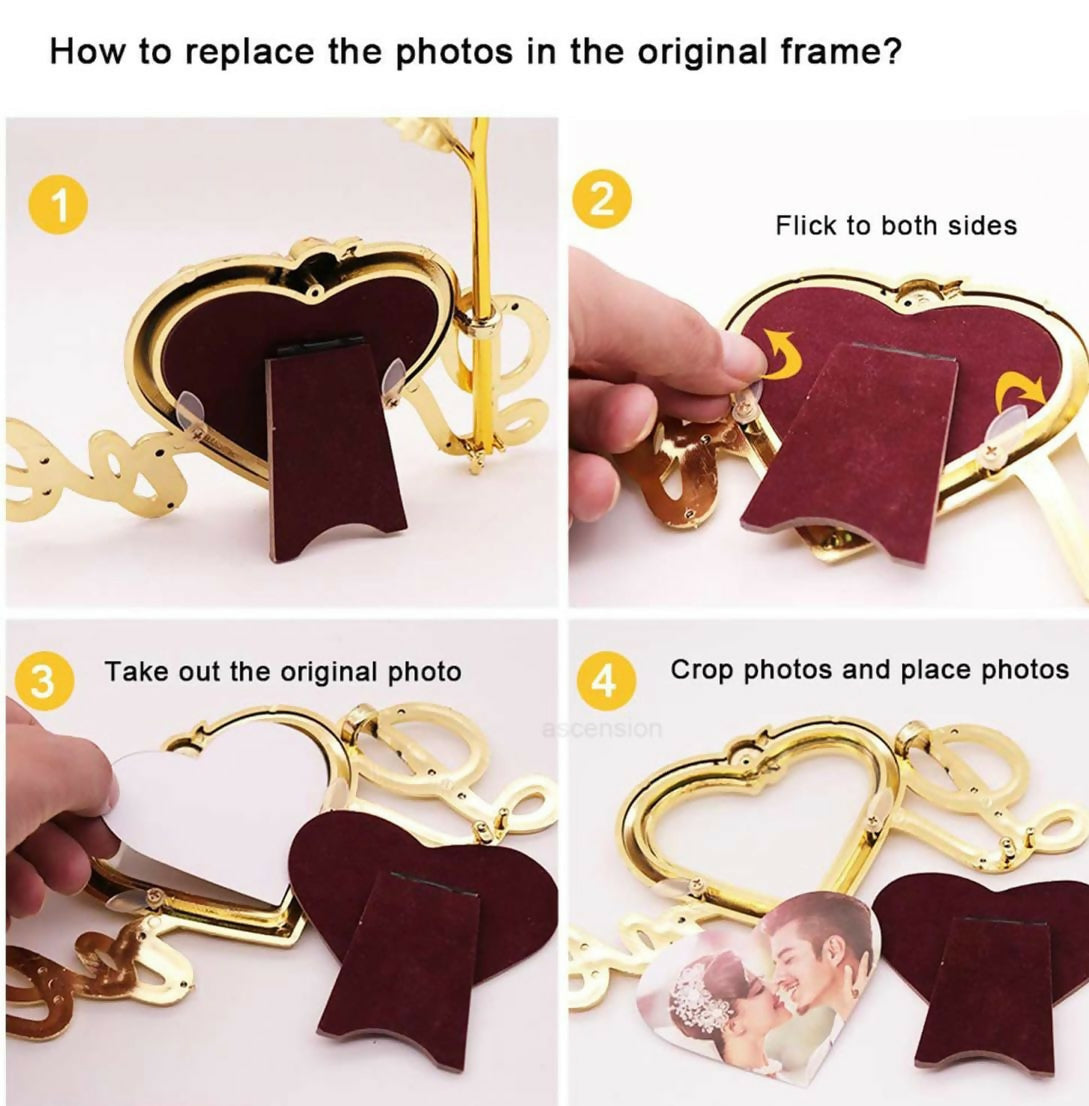 Romantic Golden Rose with Heart-Shaped Photo Frame – Decorative ‘Love’ Showpiece for Couples, Anniversary & Valentine Gifts – Elegant Metal Rose Figurine with Picture Holder for Home or Table Decor