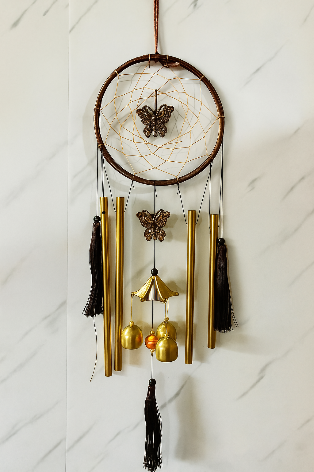 Boho Dreamcatcher Wind Chime with Butterfly Charms and Golden Bells – Handcrafted Metal Tube Chime with Tassels for Positive Energy, Sound Healing & Home Décor – Ideal for Bedroom, Balcony, Meditation Space & Gifts