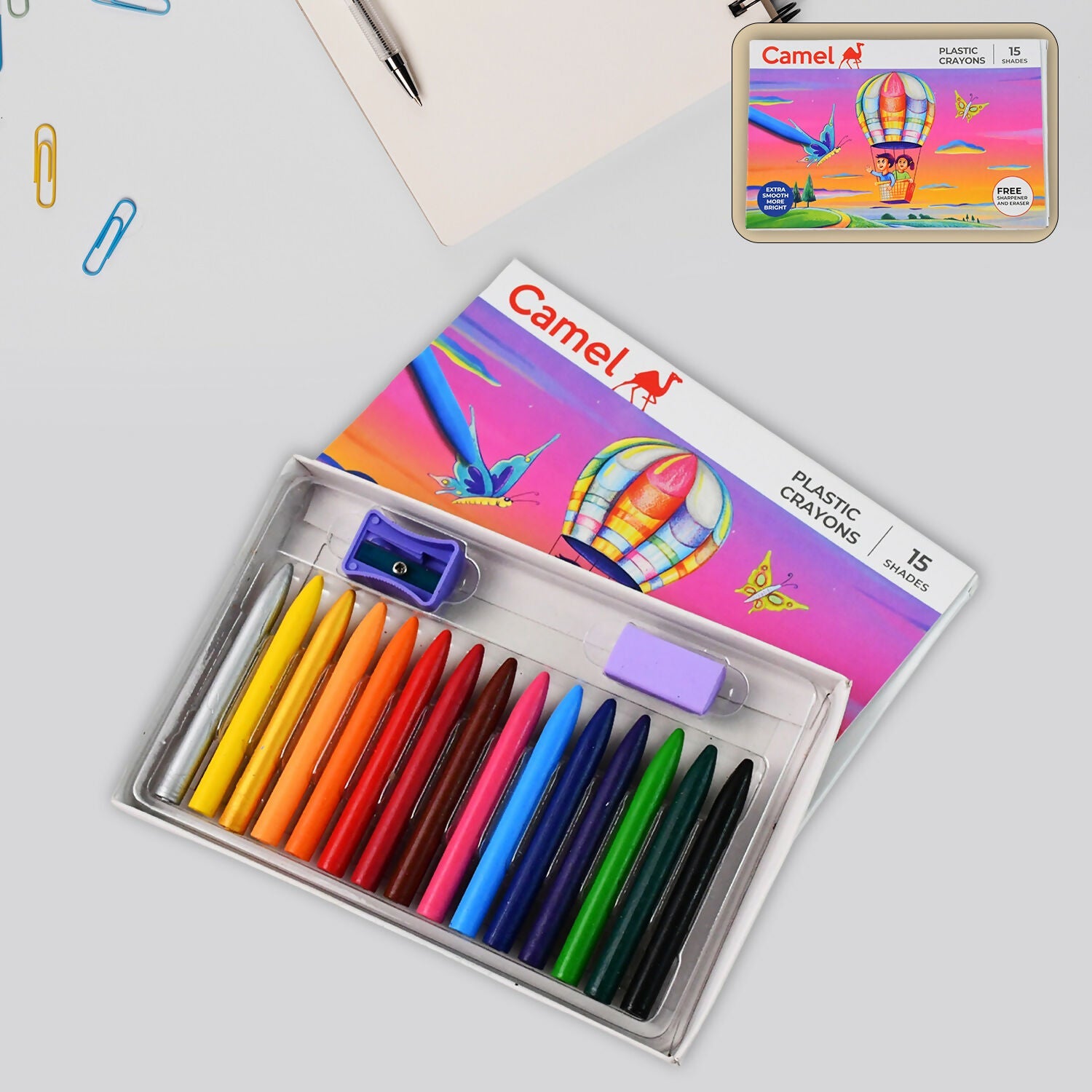 Camel Plastic Crayons 15 Assorted Shades with Free Sharpener and Eraser