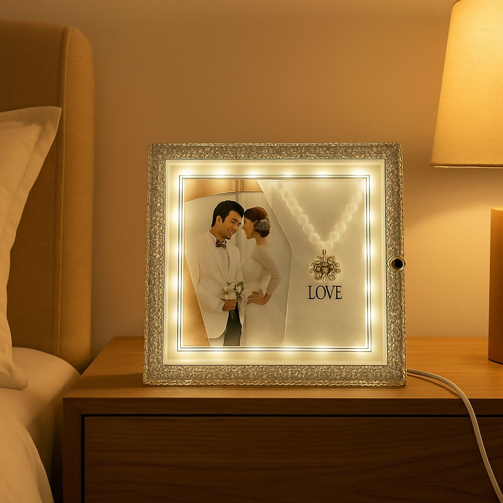 Square LED Photo Frame Lamp with Love Design | Romantic Couple Night Light with Customized Picture | Wedding Anniversary Valentine Gift Decorative Table Lamp for Bedroom & Home Décor