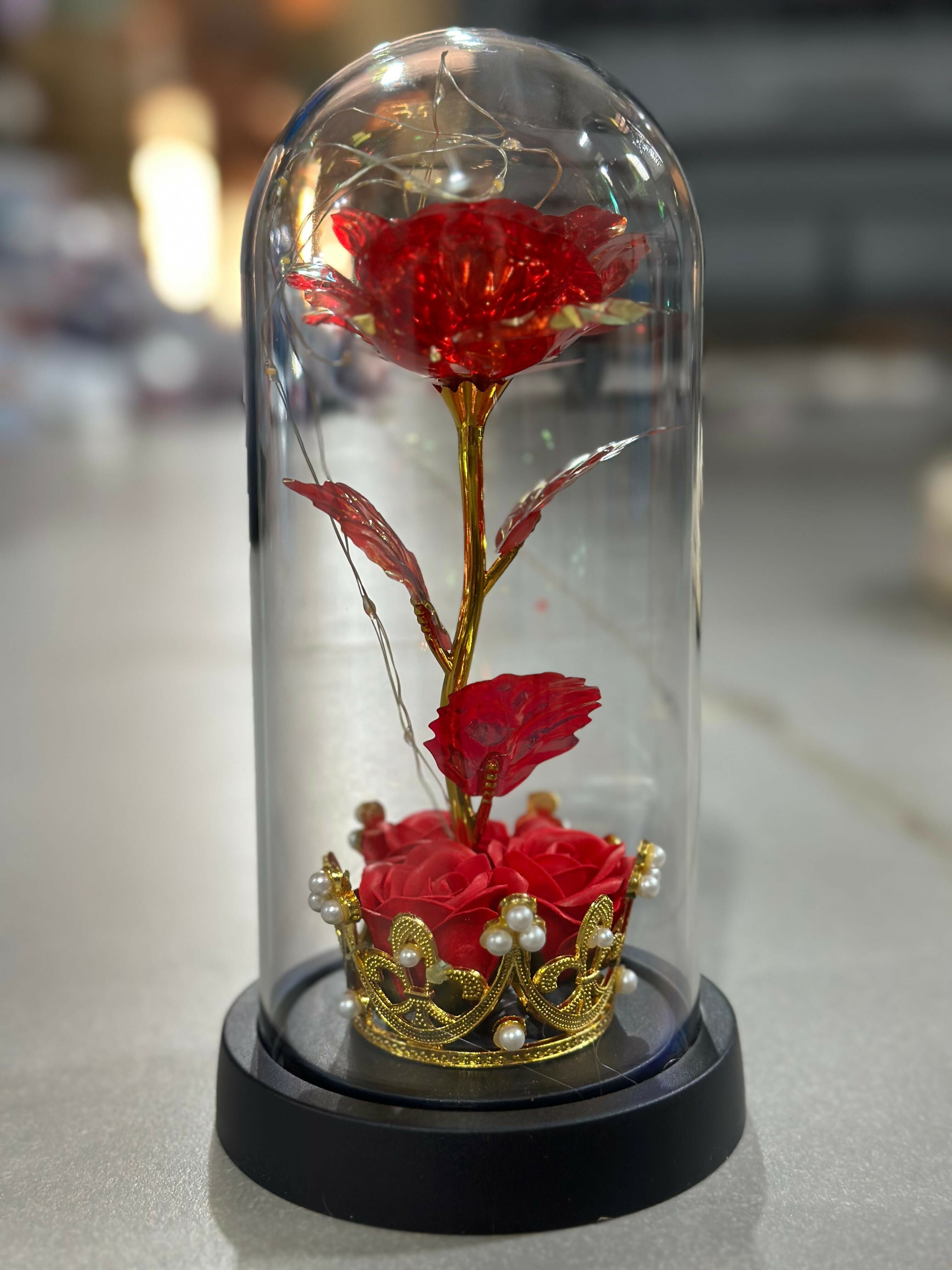 Luxury Enchanted Preserved Red Rose with Golden Crown Base and LED String Lights in Glass Dome – Romantic Gift for Anniversary, Valentine's Day, Birthday, or Home Decor Display
