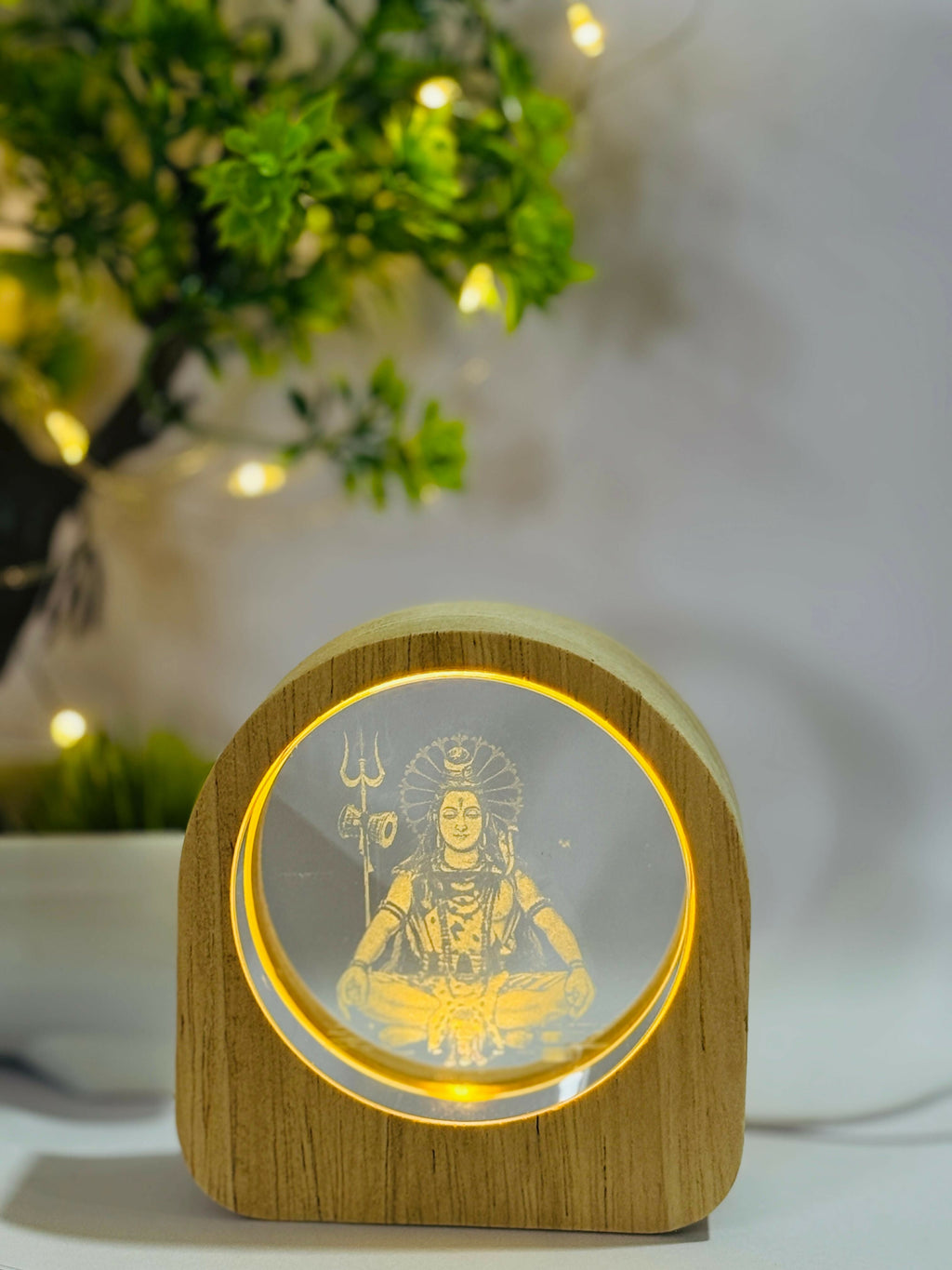 Meditating Lord Shiva 3D LED Night Lamp with Laser Engraved Crystal Glass and Wooden Frame – USB Powered Table Light with Warm Yellow Glow | Spiritual Decor Showpiece for Home, Temple, Yoga & Meditation Corners