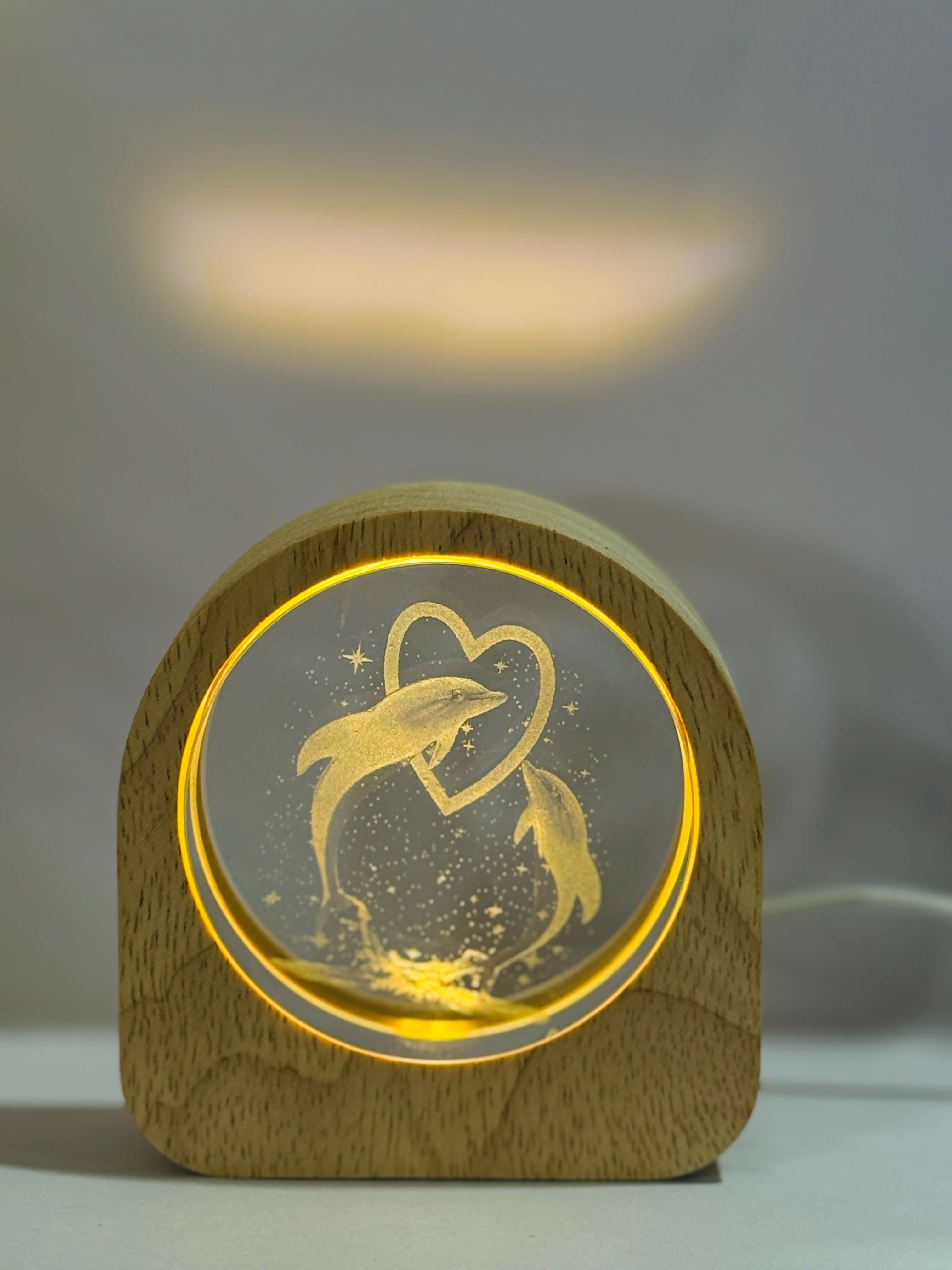Romantic Dolphin Couple 3D Crystal Glass Night Lamp with Wooden Frame – LED Touch Light with Warm Yellow Glow | USB Powered Table Lamp for Bedroom, Couple Gift, Home Decor & Anniversary Present