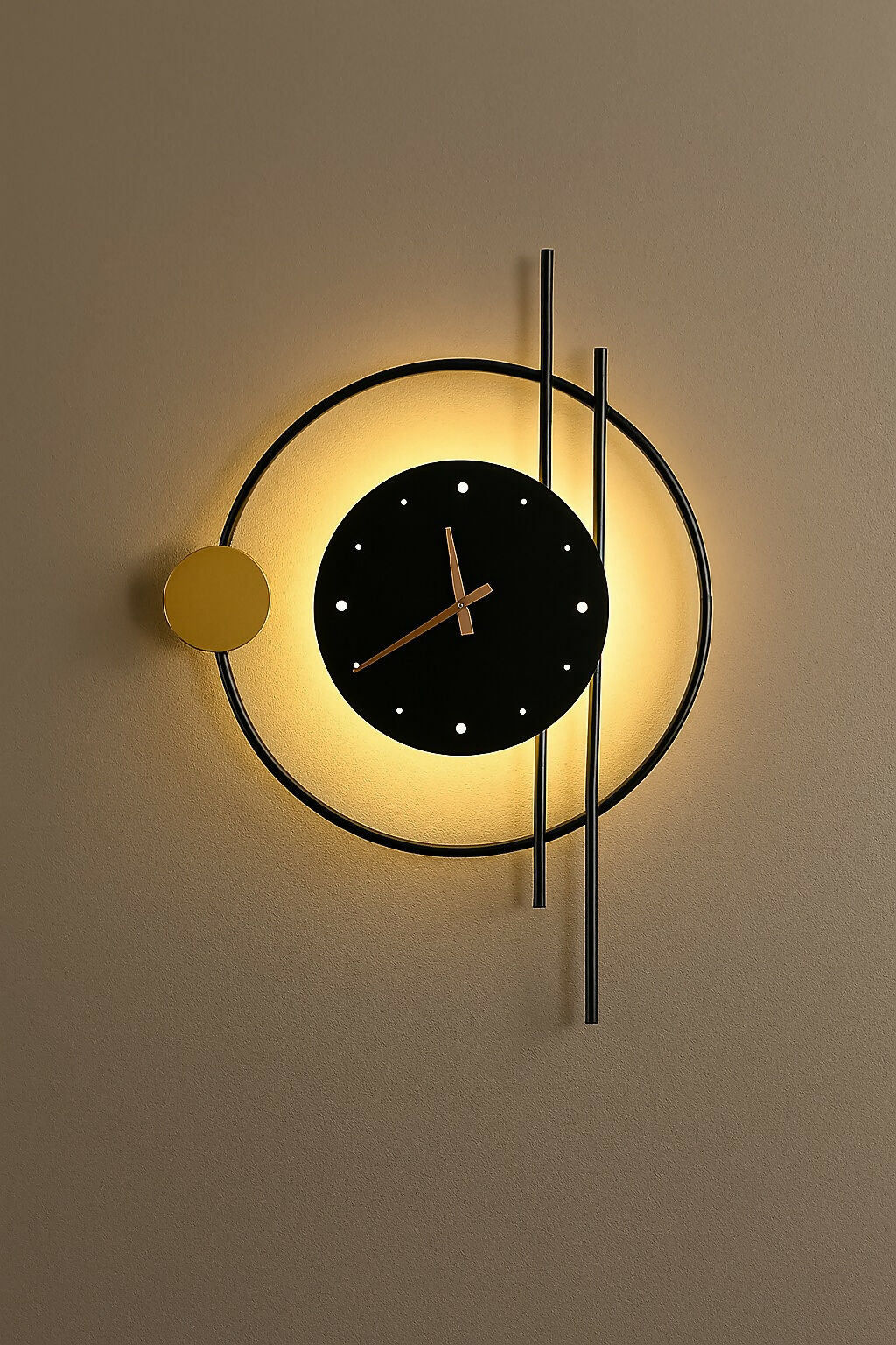 HOME DECOR Modern Geometric LED Wall Clock – Designer Black & Gold Circle Wall Clock with Backlit Lighting for Living Room, Bedroom & Office – Stylish Silent Decorative Clock for Contemporary Home Interiors