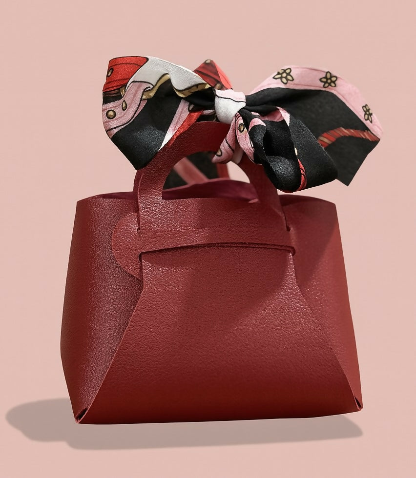 Stylish Red PU Leather Mini Handbag with Printed Fabric Bow | Elegant Gift Pouch for Jewelry, Candy, Return Gifts, Party Favors for Women & Girls