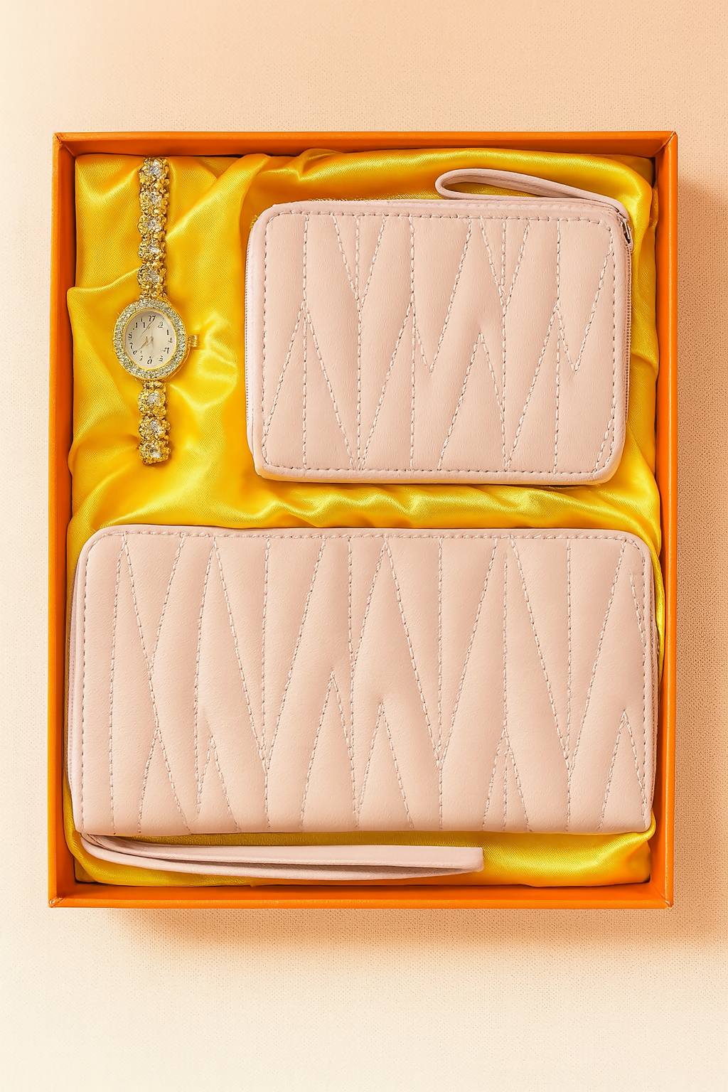 Luxury Women's Gift Set – Pink Clutch, Mini Wallet & Elegant Bracelet Watch Combo for Girls and Ladies | Stylish Fashion Gift Box for Birthday, Anniversary, or Valentine's Day